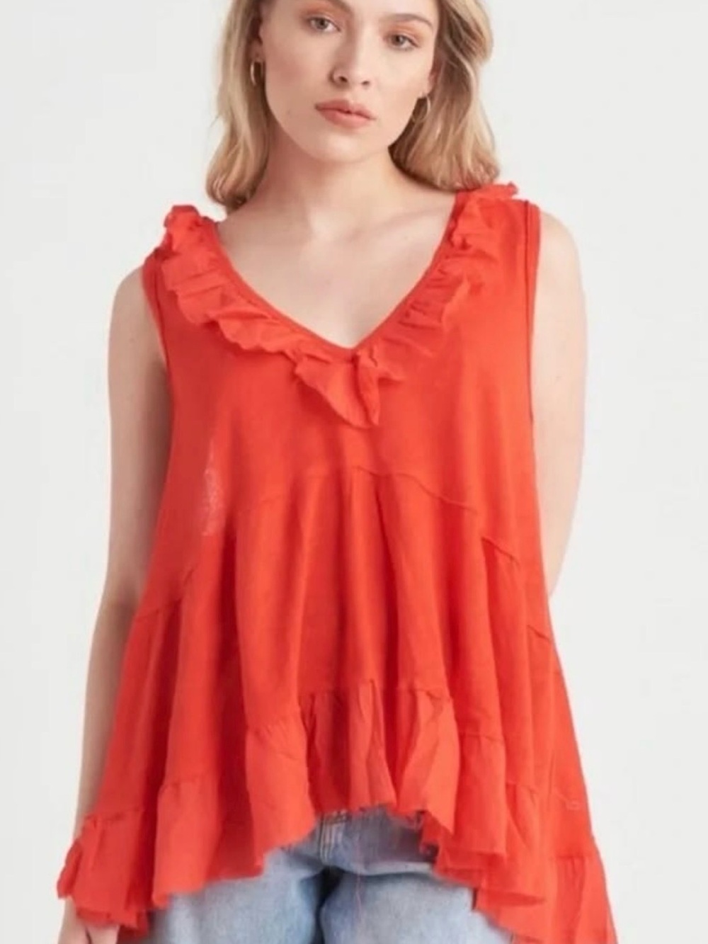 Dex Bright Orange Ruffle Neck Sleeveless Tunic Top XL Boho Linen Blend